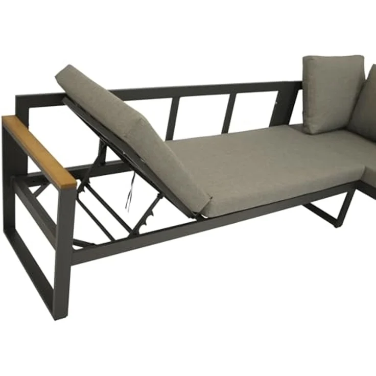 DEGAMO Garten-Essgruppe KAMPALA, (2-tlg, 1x Eckbank mit Polstern, 1x Tisch 70x140cm), Aluminium anthrazit, Oberflächen Akazie, wetterfest – Bild 2