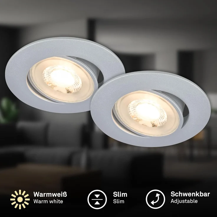 BRILONER - 2er Set LED Einbaustrahler 230V flach, schwenkbar, warmweißes Licht, LED Spot, flach, Deckenspots, Spots 230V, Einbauleuchten, Einbauspots, 68mm Lochmass, 8x3,2 cm, Chrom-matt – Bild 2