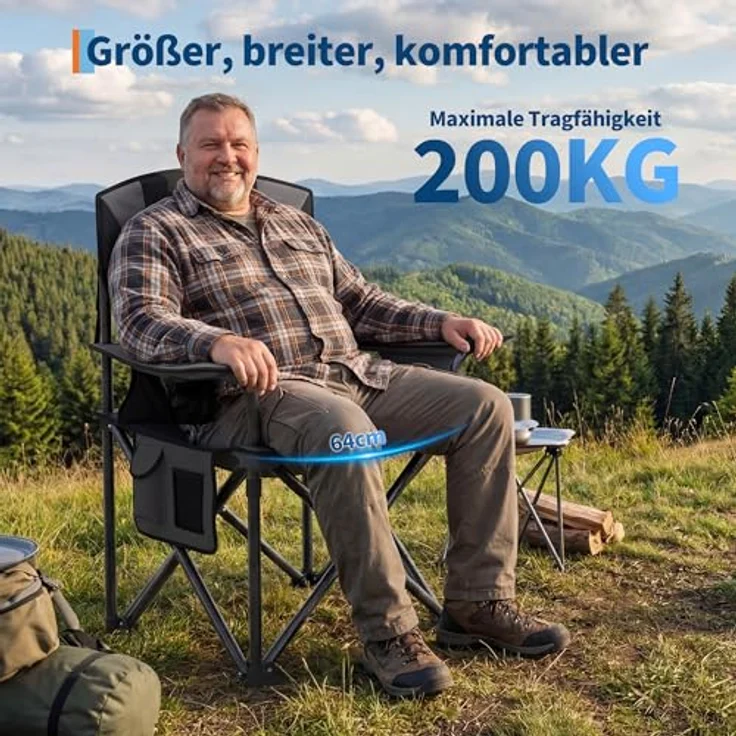GarveeHome Campingstuhl faltbar bis 200 KG belastbar, Ultragroßer Angelstuhl 64 cm mit hoher Rückenlehne & Polsterung, Camping Stuhl Sessel inkl. Tragetasche für Garten Balkon Strand Schwarz/Grau – Bild 4