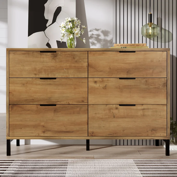Kommode mit 6 Schubladen, Spanplatte & Metallgestell, 120x40x76 cm, Dunkle Eiche – Bild 3