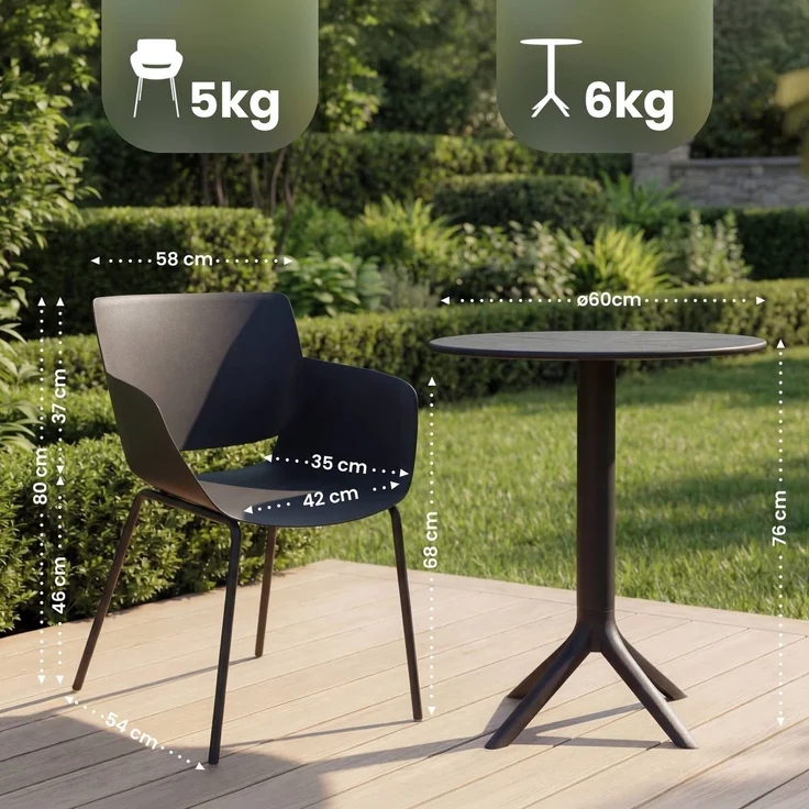 Gartenmöbel-Set SARA mit 2 Stühlen - 168x60x80cm, Kunststoff, Schwarz | Balkonset Gartenset Tisch mit Stühlen Bistroset Outdoor – Bild 2