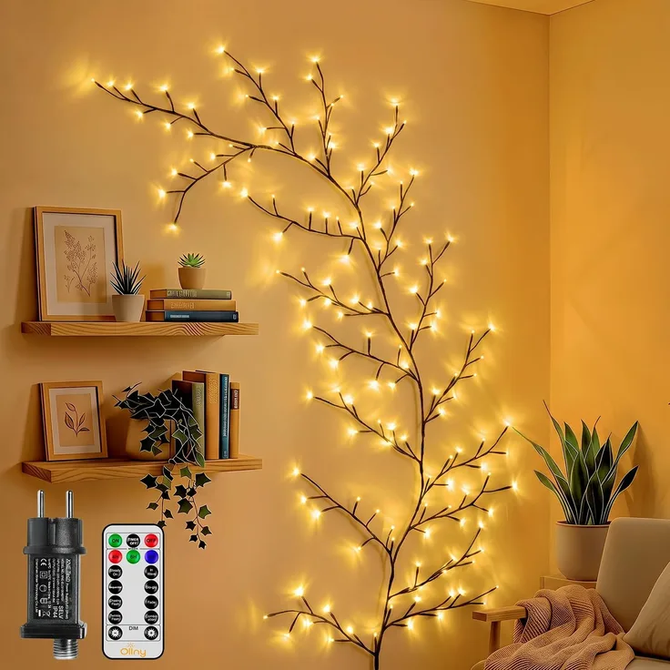 Ollny Lichterkette Willow Vine, 2,3 m 144 LED Weidenrebe Baum, Stecker | Lichterzweige mit Fernbedienung, 8 Modi & Timer, Künstliche Weidenzweige zur Wanddeko für Wohnzimmer, Schlafzimmer und Feste