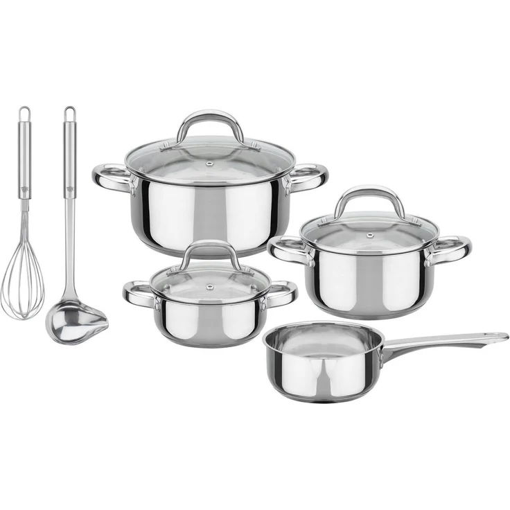 GSW Topf-Set Montreal, Edelstahl (Set, 9-tlg, je 1 Kochtopf 14/16/20 cm, 1 Stieltopf 14 cm), inkl. aller Kochutensilien die eine Haushaltsküche benötigt, Induktion – Bild 3