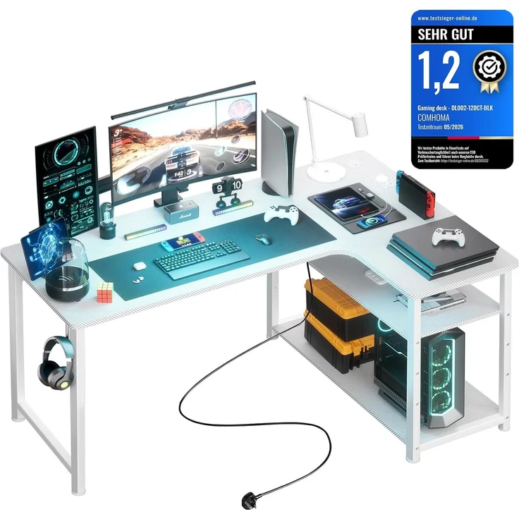 COMHOMA Schreibtisch Gaming Tisch mit Regal, Eckschreibtisch mit USB-Ladeanschluss und Steckdose, 140cm Computertisch L Form, PC Tisch für Büro, Heimbüro (weiß-120CM) – Bild 1