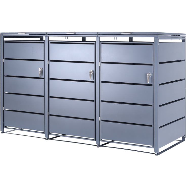 Albatros Mülltonnenbox 3er Tonne | bis 240 Liter | Anthrazitgrau RAL 7016 | verzinkter Stahl | Premium Dämpfer| Aufkleber-Set | wetterfest| verstellbare Füße| Türgriff mit Schloss | Gartenbox | entwickelt in Deutschland – Bild 8