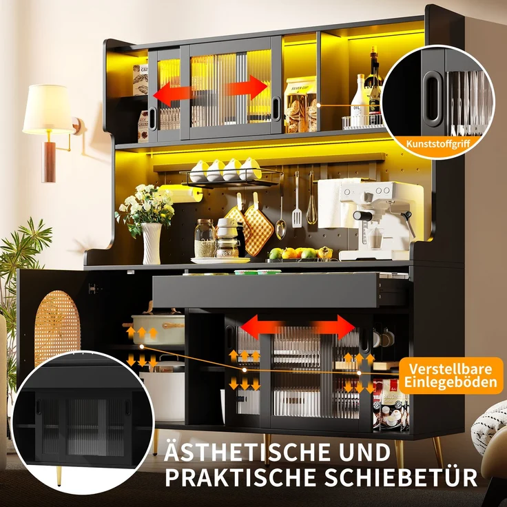 Seitenboard / Aufbewahrungsschrank / Küchenschrank / Buffetschrank, 145x39x171cm, Landhausstil, 5 Türen, mit LED-Lichtleiste & Ordnungslockplatte, Fluted Glas Türen, Braun/Schwarz – Bild 3