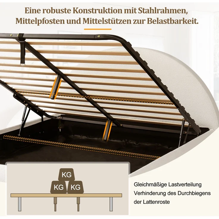 Polsterbett mit hydraulischem Stauraum, Lattenrost & hohem Kopfteil, 180x200 cm, Weiß, ohne Matratze – Bild 9