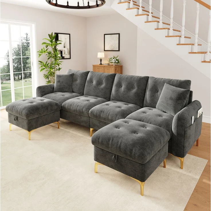 Wohnlandschaft 263x137x85 cm in Grau mit Stauraumhockern und flexibel kombinierbaren Modulen – Bild 1