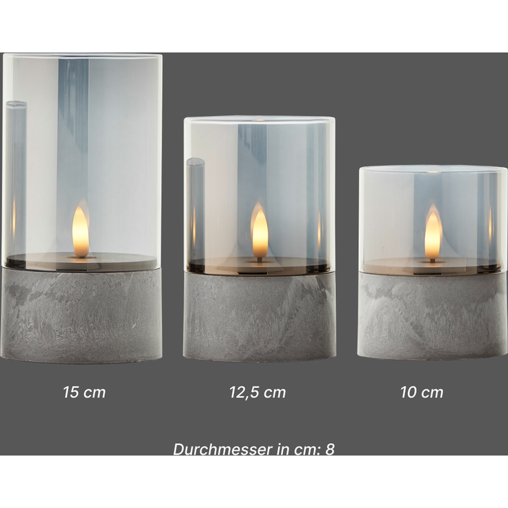 Brilliant Bougie LED-Kerzen 3er-Set - Grau/Rauchglast, warmweiß flackernd, 10 cm,12,5 cm,15 cm, batteriebetrieben, Dekoration für drinnen & draußen – Bild 6