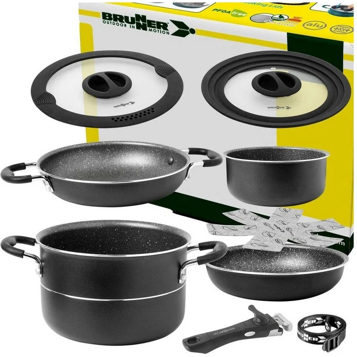 BRUNNER Topf-Set BRUNNER Camping Topfset PIRATE Vacublock Leicht, Stapelbar, Alu, (7-tlg) – Bild 1