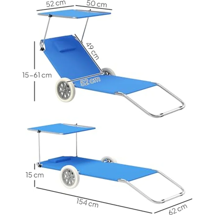 Outsunny 2er Set Sonnenliege, klappbare Gartenliege mit verstellbarem Kopfkissen und Sonnendach, blau, für Garten und Pool – Bild 7