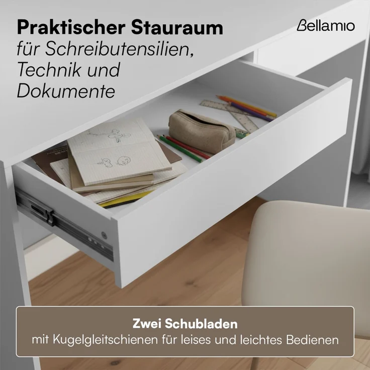 Bellamio 'Toce' Schreibtisch mit 2 Schubladen, weiß, 75x53x110 cm, Bürotisch mit Stauraum, schmaler Arbeitstisch – Bild 4