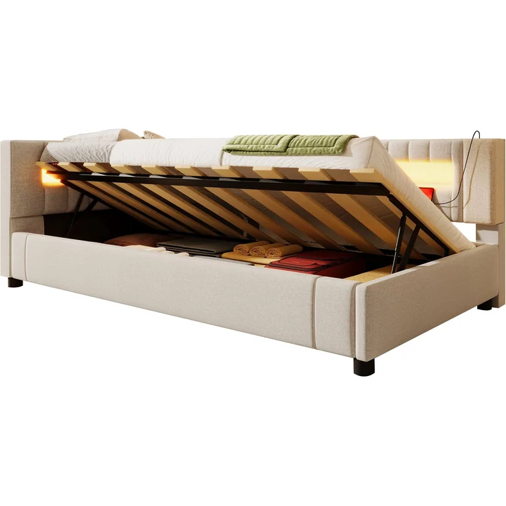 Rayofly-Leinen Daybett H200cm x T90cm x B90cm, Tagesbett Schlafsofa, LED-Lichtleiste am Fußende, hydraulischer Stauraum, USB & Type-C Anschluss, ohne Matratze, Beige – Bild 8
