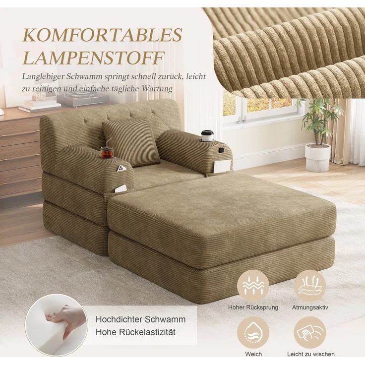 ZUBALIYA Schlafsofa 162x81 cm, mit Stauraum, mit Samtbezug, mit Cordbezug, mit Knopfheftung, mit breiten Armlehnen – Bild 6