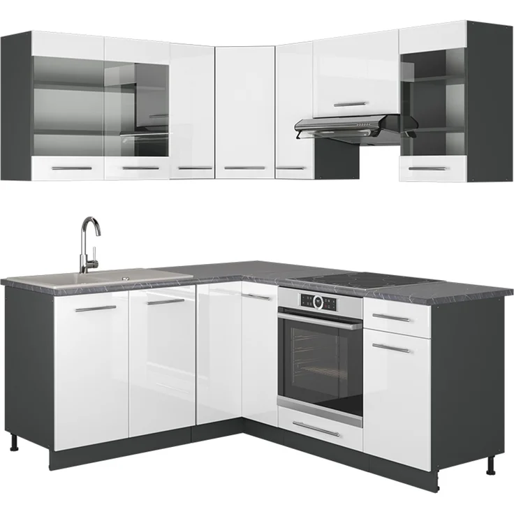 Eckküche Fame-Line Weiß Hochglanz/Anthrazit 190 x 46 cm ohne Arbeitsplatte Vicco – Bild 1