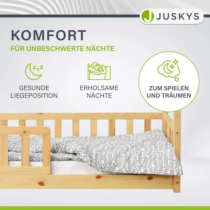 Juskys 'Marli' Kinderbett, mit Matratze, Rausfallschutz, Lattenrost & Dach - Massivholz Hausbett für Kinder - Bett in Natur, 80x160 cm – Bild 5
