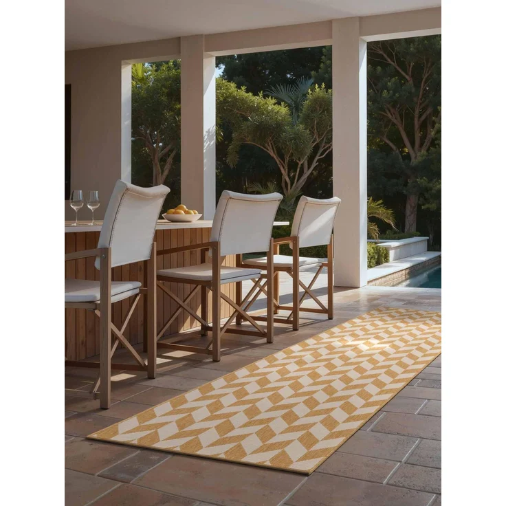 Ted Baker Flachgewebe Teppich Terrick - Flachgewebe Läufer, Pflegeleichter Wohnzimmerteppich, Modern, Zigzag Muster für Wohnzimmer, Terrasse, Esszimmer, Balkon - Ocker Weiß, 80x200 cm