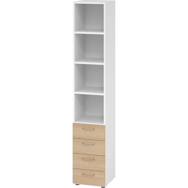 bümö smart Schubladenschrank, Büroschrank in Weiß/Eiche mit 4 Schüben & 4 Regalfächern - Bürocontainer aus Holz, Container mit Metallgriffen & Soft-Stop Schubladen, 964S4-W-E-BS