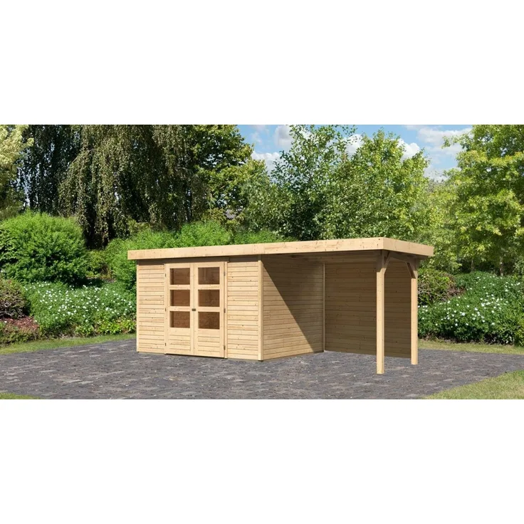 Gartenhaus Askola 5, 302 x 246 cm inkl Anbaudach 2,40 m mit Rückwand, 19 mm Holz naturbelassen