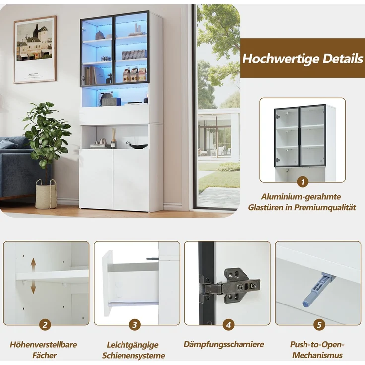DESVIAE Vitrine mit LED-Beleuchtung und Glastüren 70x200x30 cm Spanplatte Weiß – Bild 5