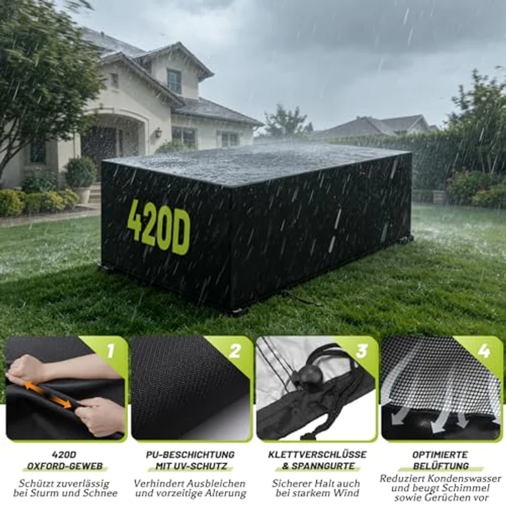 Aipwerer Abdeckung Gartenmöbel Wasserdicht, Abdeckplane für Gartenmöbel Winterfest, 420D Schutzhülle Abdeckhaube für Gartentisch Garten Möbel Tisch Rechteckig (Schwarz, 220*70*90cm) – Bild 3