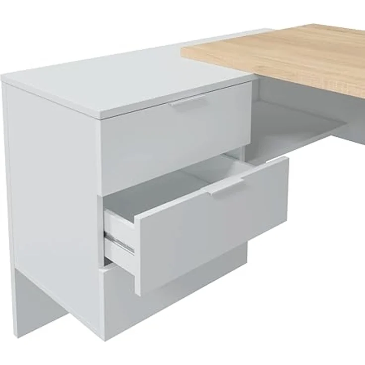 Wendeschreibtisch mit 3-Schubladen-Kommode, Eckschreibtisch, cm 145x108h73, Eiche und Weiß – Bild 5