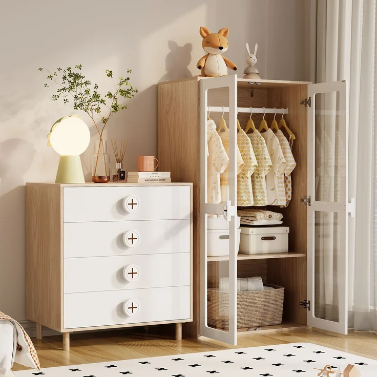 Kleiderschrank & Nachttisch Set 10-Regale Aufbewahrung Glas-Türen Weiß/Holz, Sideboard & Jugendzimmer – Bild 2