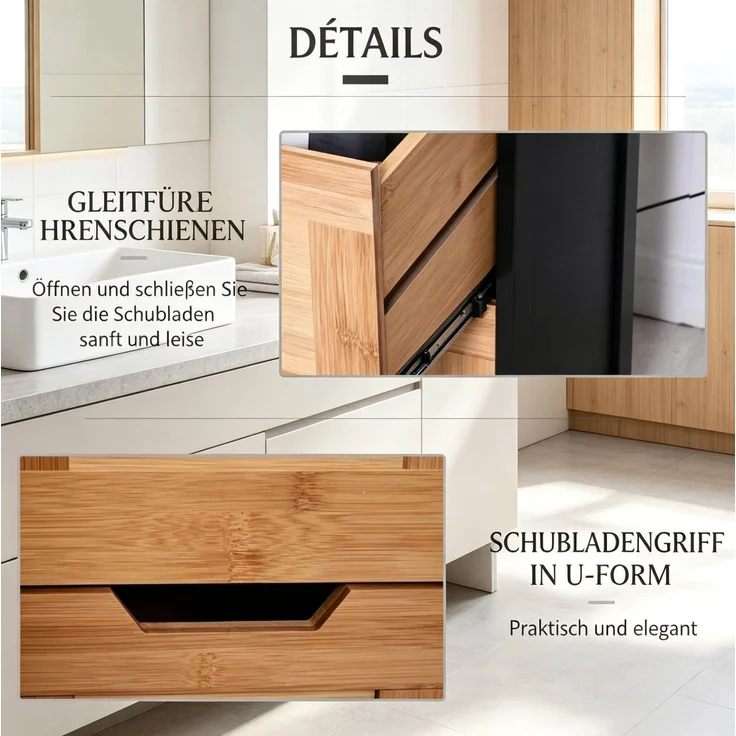 Badregal 30 x 30 x 144,3 cm aus Bambus und MDF mit 3 Ablagen und 2 Schubladen – Bild 6