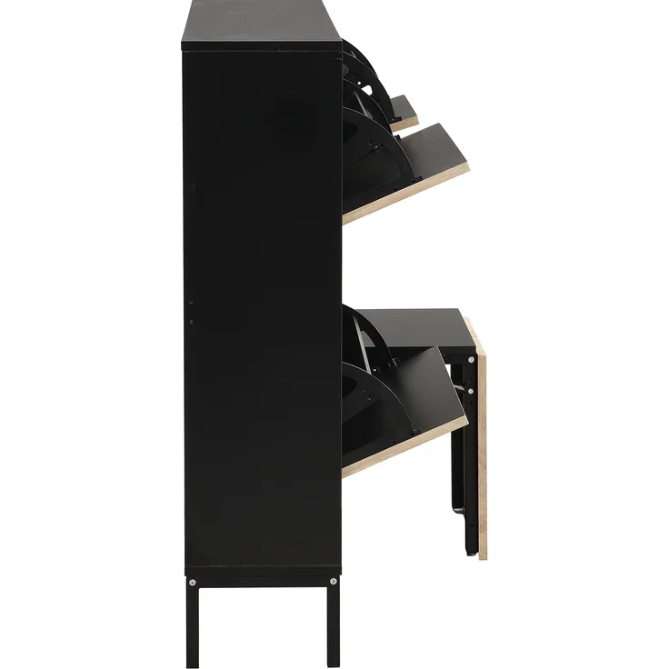 Schuhschrank aus MDF mit ausziehbarer Sitzbank & Klappen, 100x25x100 cm, Schwarz/Natur – Bild 5