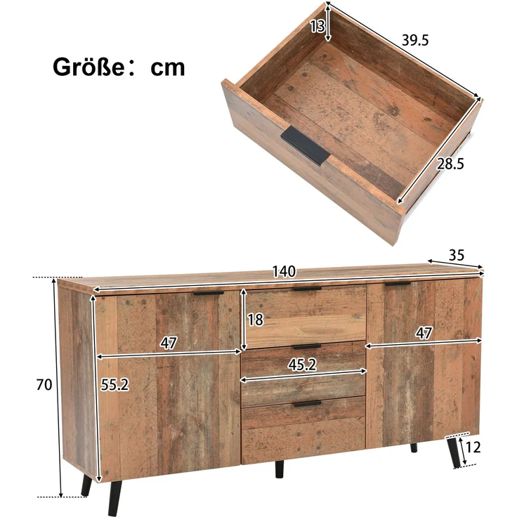 DESVIAE Sideboard mit 3 Schubladen und verstellbaren Einlegeböden, 140x70x35 cm, Spanplatte, Antikbraun – Bild 10