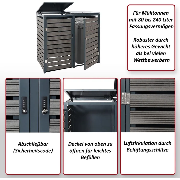 2er Mülltonnenverkleidung HWC-K14, Mülltonnenbox Mülltonnenabdeckung, 119x134x84cm WPC Metall 78kg ~ anthrazit – Bild 2