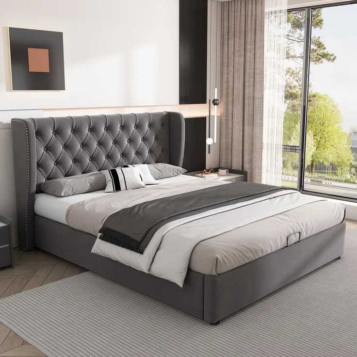 Polsterbett 140x200 cm aus Samt mit Stauraum, Chesterfield-Design