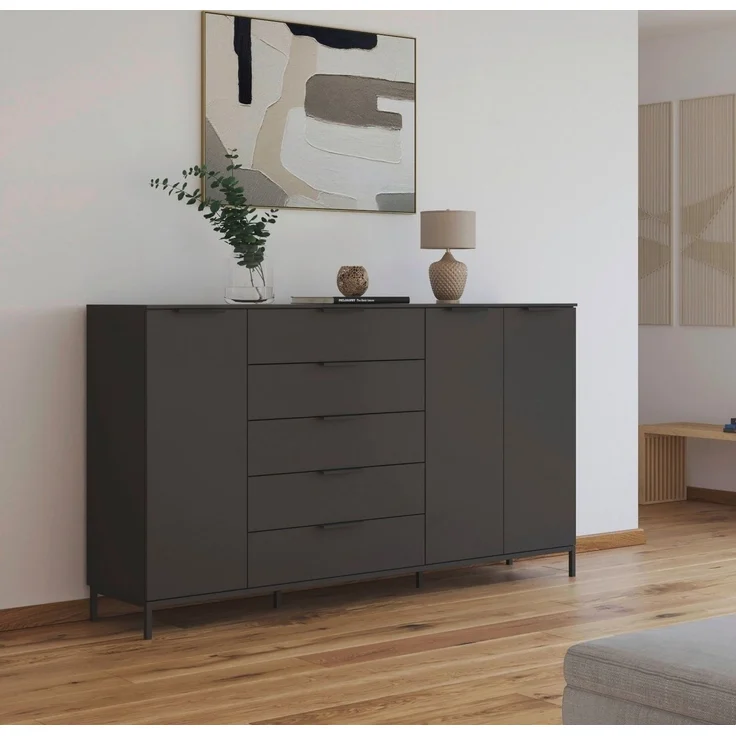 Rauch Möbel Flipp, Kombikommode, Kommode mit Stauraum für Wohnzimmer, Schlafzimmer, Flur, 4 Fachböden, mit Metallkufe graphit, Graphit, 3-türig, 5 Schubkästen, Griffe graphit, 199 x 111 x 42 cm – Bild 1