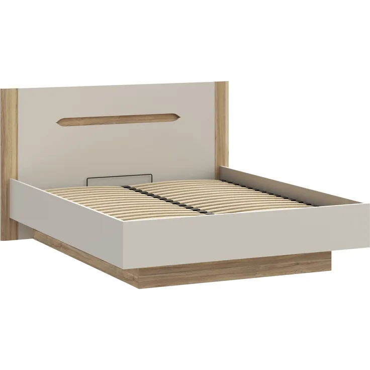 Stauraumbett >EDWAL< Lift-Lattenrost, sandfarbig / Eiche Dekor - 176,2x105,7x206,6cm BxHxT