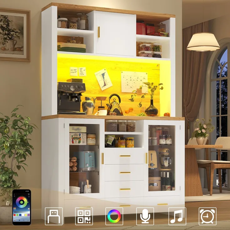 Seitenboard / Aufbewahrungsschrank / Multifunktions-Küchenschrank / Buffetschrank, 120x40x188cm, Landhausstil, 4 Türen, mit LED-Lichtleiste, 6 Schubladen & 3 Türen, Weiß mit Holzoptik