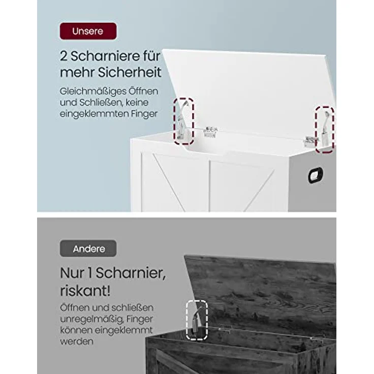 VASAGLE Schuhbank, Sitzbank mit Stauraum, Sitztruhe, 2 Sicherheitsscharniere, Aufbewahrungsschrank, Landhausstil, 40 x 80 x 46 cm, für Flur, Schlafzimmer, Wohnzimmer, wolkenweiß LSB062T14 – Bild 7