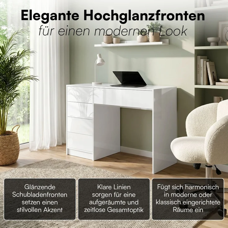 Bellamio 'Livny' Schreibtisch mit 5 Schubladen, beidseitig montierbar, weiß Hochglanz, 80x53x110 cm, Computertisch mit Stauraum, Bürotisch mit Push-to-open, geeignet als Schminktisch – Bild 6
