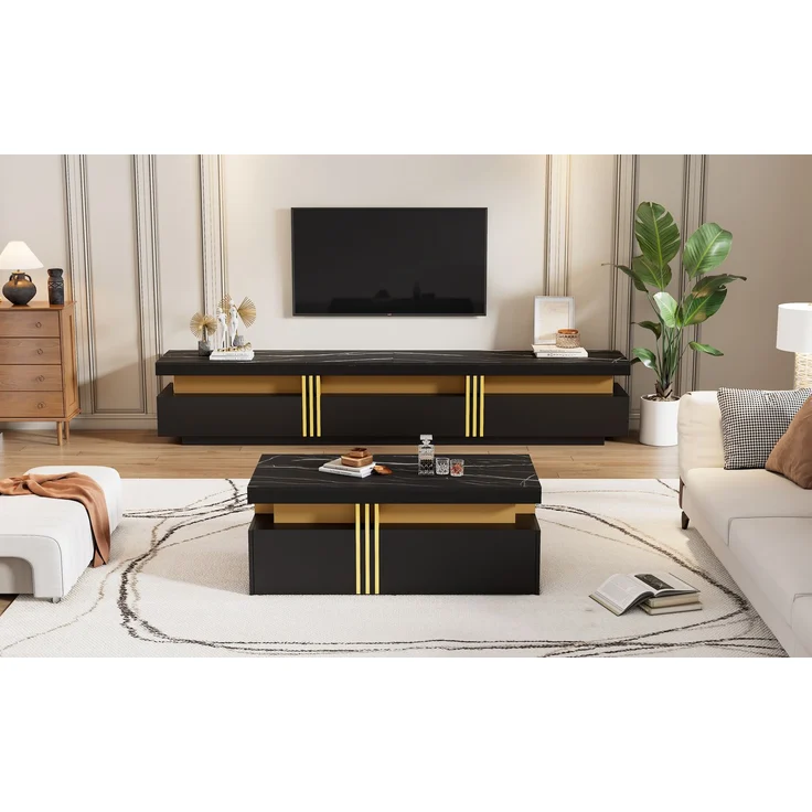Wohnzimmermöbel Set 200x40x42 cm, mit Schubladen, mit Hochglanzoberfläche, Konstruktion aus Spanplatte, Schwarz – Bild 4