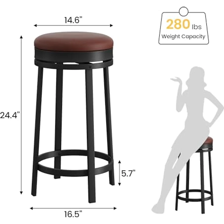 GarveeHome 360°Drehbar Runde Barhocker 2er Set, 62cm Hoch Barstühle mit Fußstütze, Küchenthekenhocker mit PU-Kunstleder und Metallrahmen, Hocker für Bartisch, Küchenstühle für Küche/Bar, Braun – Bild 2