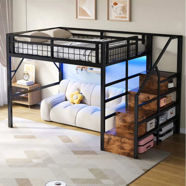 CHICFURN Hochbett Metall Schwarz 140x200 cm mit LED-Beleuchtung und Stauraumtreppe – Bild 2