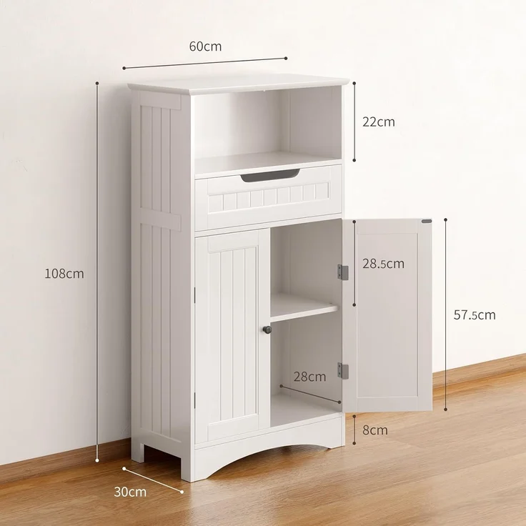 Bealife Badezimmerschrank, Badezimmer-Aufbewahrungsschränke mit großer Schublade, 2 Türen mit verstellbaren Regalen für Badezimmer, Wohnzimmer, Schlafzimmer, 108 x 60 x 30 cm, Weiß – Bild 3