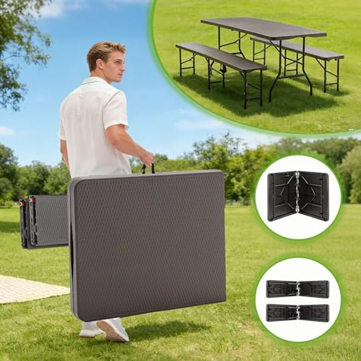 Ball & Cast Bierzeltgarnitur 3-teilig Klappbar, Biertisch Klapptisch mit 2 Sitzbänken, 180 cm Gartenmöbel Set für Innen und Außen, Braun – Bild 4