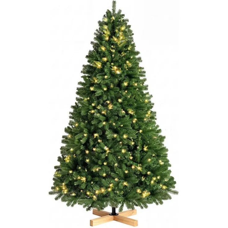 WHEELYOU Künstlicher Weihnachtsbaum 210 cm Tannenoptik, PE+PVC, 400 LEDs, Holzständer, 8 Lichtmodi, Dichte Tannenform, PE+PVC-Zweige, Holzfuß, warmgelbe Beleuchtung, 400 LEDs, 8 Lichtmodi, formbare Zweige, Stecksystem, Holzständer