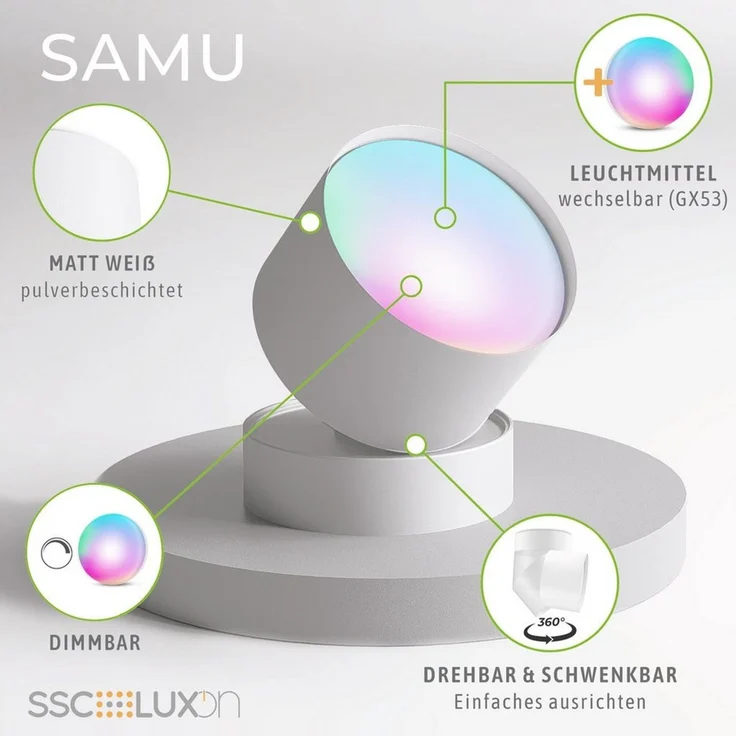 SSC-LUXon LED Aufbaustrahler Deckenlampe SAMU weiß mit Smart Home WiFi GX53 LED 6W RGBW, Smart – Bild 3