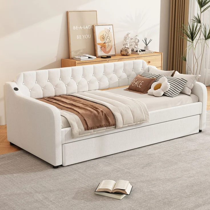 Schlafsofa 90x200 cm Tagesbett ausziehbar mit Rollbett,USB-Anschluss,mit Schlafgelegenheit, multifunktionales Gästebett,Beige – Bild 3