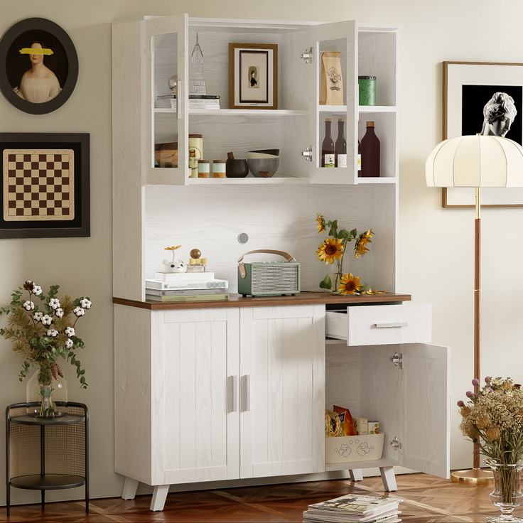 Sideboard, Weißer Holzmaserung-Hochschrank 114 x 40 x 190 cm, geeignet für Wohnzimmer und Esszimmer--Braun, Weiß, Holz--114x40x190cm--YOUDENOVA – Bild 5