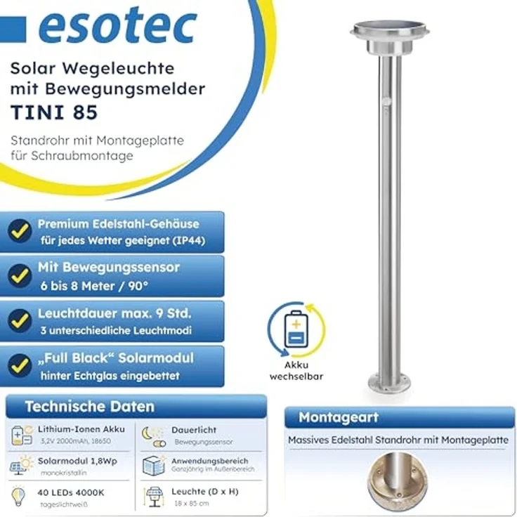 esotec LED Gartenleuchte Solar PIR Standleuchte Tini, H=85cm, 40 LEDs, Edelstahl, außen 102897, Bewegungssensor, 3 unterschiedliche Betriebsmodi, automatisches Einschalten bei Dämmerung, LED fest integriert, tageslichtweiß – Bild 2