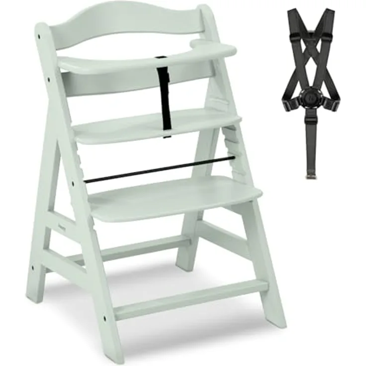 Hauck Kinder Hochstuhl Alpha+ - Mitwachsender Holz Babystuhl (FSC zertifiziert), Kinderhochstuhl ab 6 Monate, verstellbar, mit Schutzbügel, Schrittgurt und 5-Punkt-Gurt - Mint