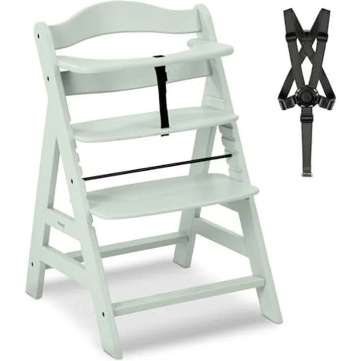 Hauck Kinder Hochstuhl Alpha+ - Mitwachsender Holz Babystuhl (FSC zertifiziert), Kinderhochstuhl ab 6 Monate, verstellbar, mit Schutzbügel, Schrittgurt und 5-Punkt-Gurt - Mint – Bild 1