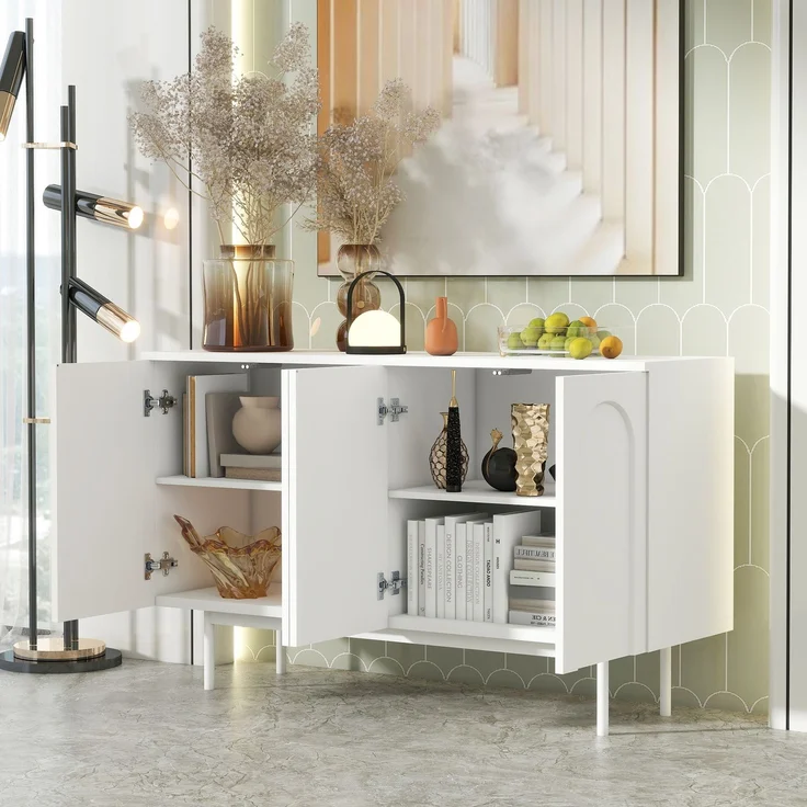 Sideboard Weiß mit gewölbten Türen, Stauraum & verstellbaren Regalen, modernes Anrichte-Design für Wohnzimmer/Esszimmer/Flur – Bild 2